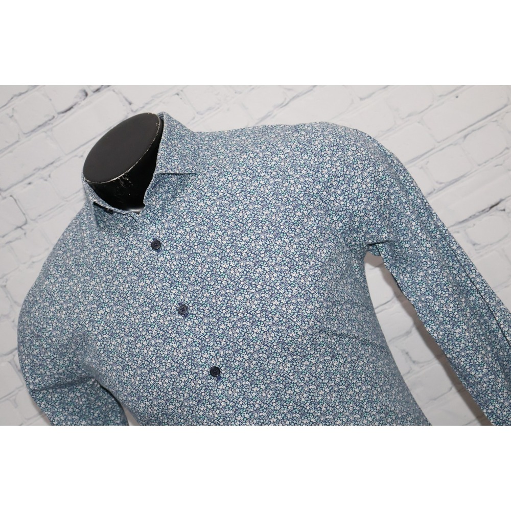 Express Button Down Men Medium Blue Floral Extra Slim Fit Cotton Shirt Hawaiian